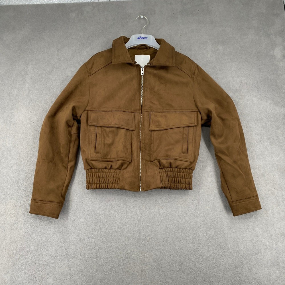 HM Faux Suede Bomber Jacket Brown Zip Up Cropped Utility XS
